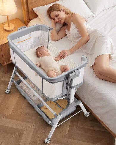 3 in 1 Baby Bassinet Bedside Sleeper, Adjustable Bedside Bassinet for Baby, Womb-Like Rocking Bassinet with Wheels, Breathable Full-Mesh Crib with Comfy Mattress, Bedside Crib w/ Large Storage Basket in Saudi Arabia