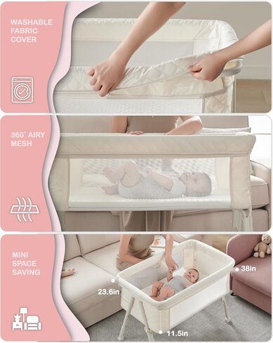 BEKA Bassinet Bedside Sleeper for Baby, 2 in 1 Baby Crib for Newborn, Bedside Bassinet with 4 Auto-Lock Wheels & Adjustable Height, Breathable Mesh Sides & Soft Mattress in Kuwait