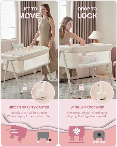 BEKA Bassinet Bedside Sleeper for Baby, 2 in 1 Baby Crib for Newborn, Bedside Bassinet with 4 Auto-Lock Wheels & Adjustable Height, Breathable Mesh Sides & Soft Mattress in Kuwait