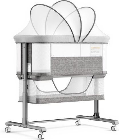 Kinder King Baby Bassinet Bedside Sleeper, Large Storage, Grey | Adjustable Heights, Newborn Baby Bedside Crib, Mosquito Net, Lockable Wheels, All-Sided Mesh, No Tool to Install, 0-6 Months in Kuwait