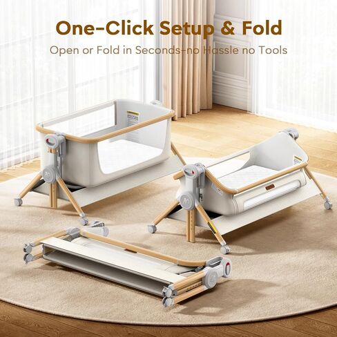 ANGELBLISS Baby Bassinet Bedside Sleeper, 3-in-1 Foldable Bassinet for Newborns, One-Click Portable Baby Crib with Mesh Sides, Adjustable Height, Mattress and Carry Bag in Kuwait