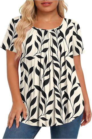 Crewneck Pleated Tshirts for Fat Women Plus Size Hide Belly Floral Blouses Casual Summer Tops Loose Tunic Tee in Kuwait