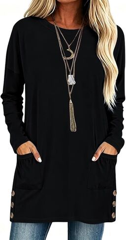 Poetsky Womens Tunic Tops for Leggings with Pockets Side Buttons Batwing Long Sleeve Casual Long Tee Shrits Fall Clothes in Kuwait