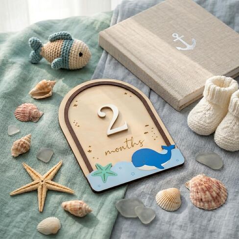 Baby Milestone Wooden Plaque, Ocean Theme, Monthly Milestone Marker for Newborns in Kuwait