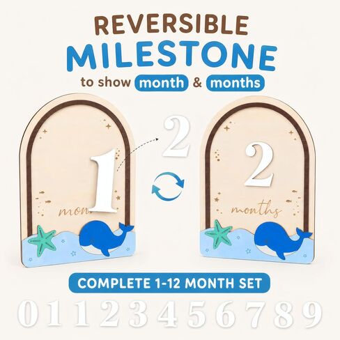 Baby Milestone Wooden Plaque, Ocean Theme, Monthly Milestone Marker for Newborns in Kuwait