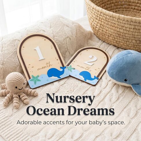 Baby Milestone Wooden Plaque, Ocean Theme, Monthly Milestone Marker for Newborns in Kuwait