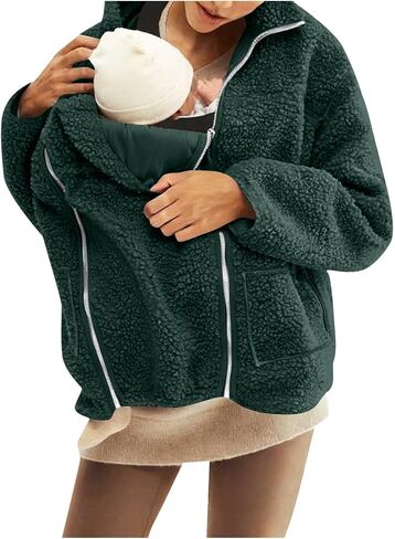 Fleece Jacket for Women Thicken 2 in 1 Maternity Winter Coat Plush Warm Zip Up Babywearing Jackets Sherpa Kangaroo Hoodies in Kuwait