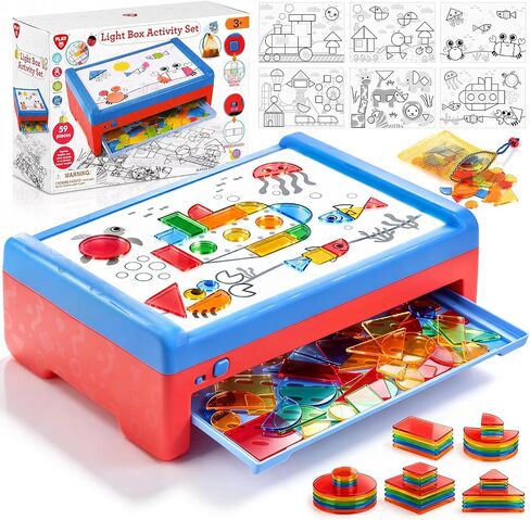 PLAY Light Box for Kids, LED Light Table with 6 Translucent Puzzle Films and 50 Shapes, Adjustable Colors and Brightness, Sensory Toy for Painting, Sketching, Drawing and Early Development in Kuwait