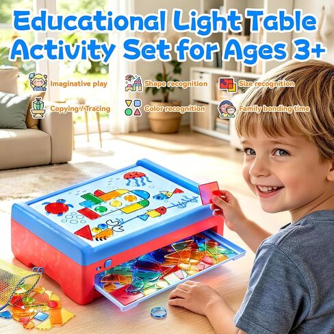 PLAY Light Box for Kids, LED Light Table with 6 Translucent Puzzle Films and 50 Shapes, Adjustable Colors and Brightness, Sensory Toy for Painting, Sketching, Drawing and Early Development in Kuwait