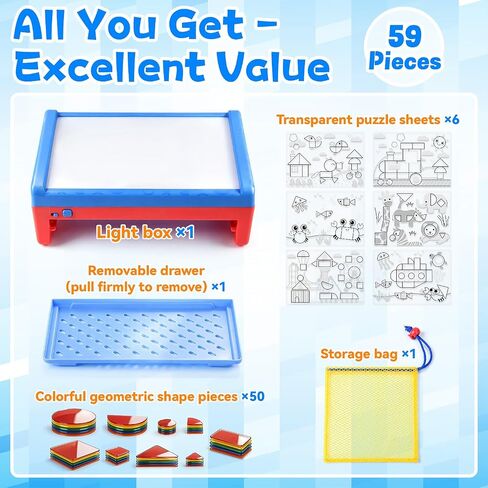 PLAY Light Box for Kids, LED Light Table with 6 Translucent Puzzle Films and 50 Shapes, Adjustable Colors and Brightness, Sensory Toy for Painting, Sketching, Drawing and Early Development in Kuwait