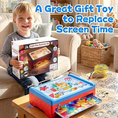 PLAY Light Box for Kids, LED Light Table with 6 Translucent Puzzle Films and 50 Shapes, Adjustable Colors and Brightness, Sensory Toy for Painting, Sketching, Drawing and Early Development in Kuwait
