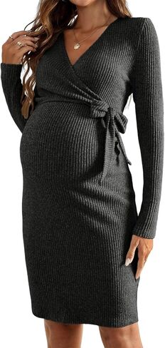 BLENCOT Women's Maternity Dress Wrap V Neck Long Sleeve Ribbed Knit Mini Bodycon Dresses Casual Pregnancy Clothes in Kuwait