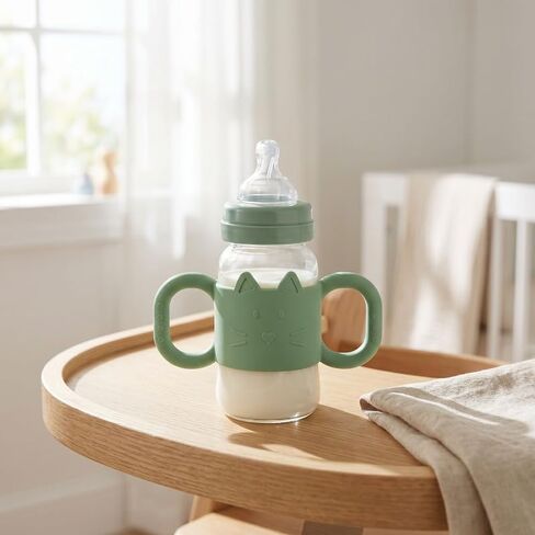 Cartoon Cat Silicone Baby Bottle Handle Anti-Slip Protective Sleeve for Glass Baby Bottles with Grips Safe and Durable (Green) in Kuwait