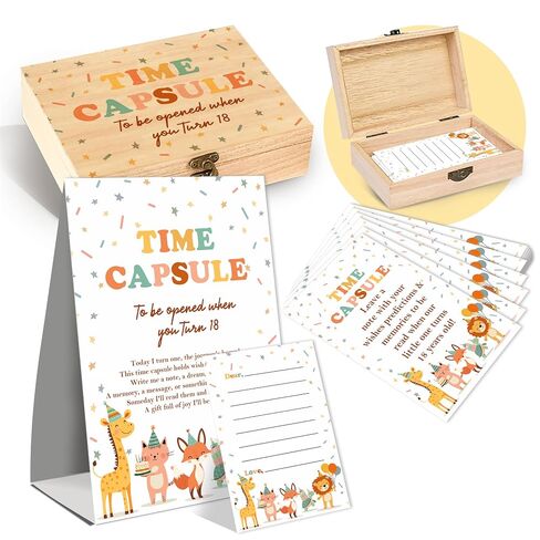 Animal Memory Time Capsule Box, Baby 1st Birthday Party Table Card with 50 Double Sided Animal Cards 1 Time Capsule Sign, Animal Milestone Memory Box, Baby First Birthday Party Memorial Keepsake in Kuwait