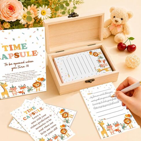 Animal Memory Time Capsule Box, Baby 1st Birthday Party Table Card with 50 Double Sided Animal Cards 1 Time Capsule Sign, Animal Milestone Memory Box, Baby First Birthday Party Memorial Keepsake in Kuwait