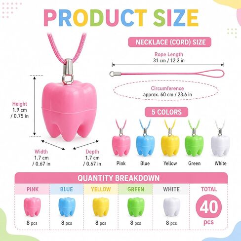 40 Pcs Tooth Saver Necklaces for Lost Teeth Organizer, Milk Teeth Storage Cases, Kids Tooth Holder Keepsake Colorful Toothes Fairy Box for Children Party Favor and School Classroom Supply in Kuwait