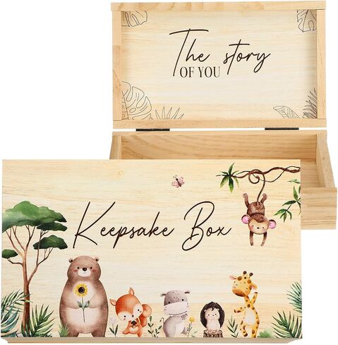 CroBlissful Wooden Baby Memories Keepsake Box with Safari Jungle Animals Boys or Girls Memory Photos First Year Treasure Storage Box Gift for Newborn Parents Baptismal Baby Shower Birthday Organizer in Kuwait