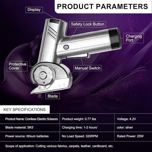 2026 New Cordless Electric Scissors,4.2V Electric Cardboard Cutter with LED Display,Rechargeable Powerful Electric Box Cutter Rotary Cutter Tool with 3 Blades for Box, Fabric, Leather, Craft (Silver) | Powerful & Versatile Cutting&LED Display&Four speed s in Kuwait