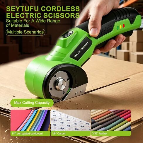 Cardboard Cutter, 4V Rechargeable Cordless Electric Scissors with 2 Blades, Safety Lock & LED Light, Electric Box Cutter for Thick Cardboard, Fabric, Plastic, Leather（Green） in Kuwait