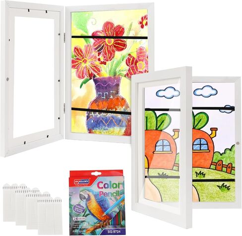 2 Pack Kids Artwork Frames Front Opening - Changeable Kids Art Frame 8.5x11 with Mat 10x12.5 without Mat, Kids Art Storage Frame Display with 24-Color Pencils & Damage-Free Reusable Hanging Strips - White in Kuwait