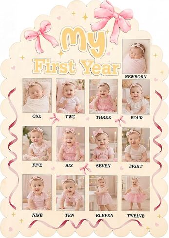 Novabright Large Bow My First Year Photo Board - Scalloped 33 x 22 Inch One Year Birthday Wooden Photo Board 12 Month Picture Milestones Boards for Newborn Keepsake Nursery Decor (Fit 4.8 x 3.8in Pic) in Kuwait