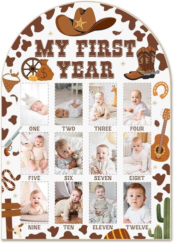 Western Cowboy Cowgirl My First Year Photo Board - Newborn 12 Months Milestone Wooden Photo Board, First Birthday Decorations, Baby Keepsake Gift Supply (Fit 2x3in Pic) -02 in Kuwait