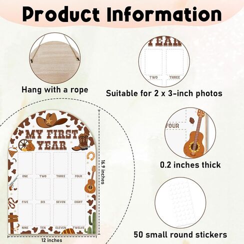 Western Cowboy Cowgirl My First Year Photo Board - Newborn 12 Months Milestone Wooden Photo Board, First Birthday Decorations, Baby Keepsake Gift Supply (Fit 2x3in Pic) -02 in Kuwait