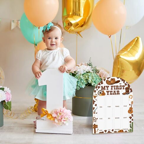 Western Cowboy Cowgirl My First Year Photo Board - Newborn 12 Months Milestone Wooden Photo Board, First Birthday Decorations, Baby Keepsake Gift Supply (Fit 2x3in Pic) -02 in Kuwait