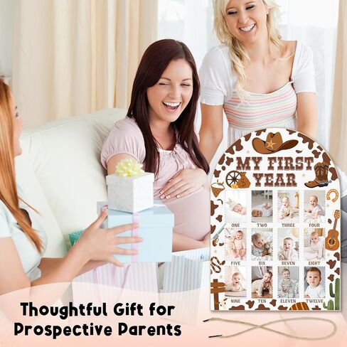 Western Cowboy Cowgirl My First Year Photo Board - Newborn 12 Months Milestone Wooden Photo Board, First Birthday Decorations, Baby Keepsake Gift Supply (Fit 2x3in Pic) -02 in Kuwait