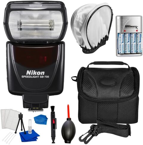 Nikon SB-700 Speedlight Flash for DSLR & Mirrorless Cameras – i-TTL, 92’ Guide Number, 24-120mm Zoom, Wireless Commander – 4 AA Rechargeable Batteries + Charger, Diffuser, Bag & Cleaning Kit in Kuwait