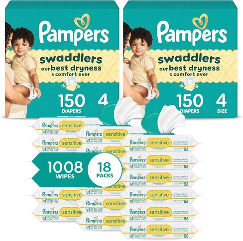 Pampers Baby Diapers and Wipes Starter Kit, Swaddlers Disposable Baby Diapers Sizes 1 (164 Count) & 2 (148 Count) with Sensitive Water Based Baby Wipes 8X Pack Pop-Top (672 Count) in Kuwait