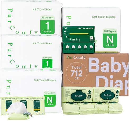 PurComfy Baby Diapers Essential Kit, 4 Pack Size 1 Diapers (208 Ct), 6 Pack (360Ct) Baby Wipes and 2 Pack (120Ct) Dry Wipes, All-in-One Newborn Essentials Kit and Baby Gift for Sensitive Skin in Kuwait