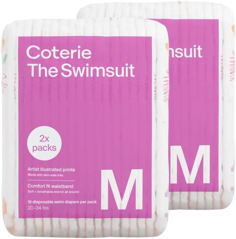 Coterie Baby Swim Diapers, Size Medium (20-34 lbs), 2-Pack | Includes 36 total swim diapers (2-Packs x 18), perfect for pool & beach, hypoallergenic, plant-based, no-swell design in Kuwait