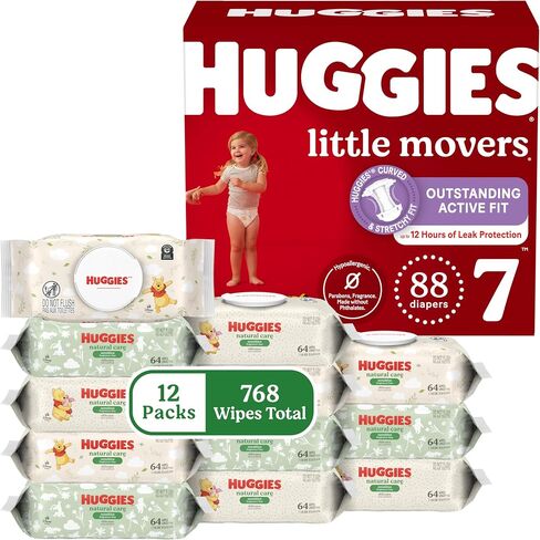 Little Movers Bundle: Huggies Little Movers Baby Diapers, Size 5 (27+ lbs), 132 Count & Huggies Natural Care Sensitive Baby Wipes, 768 Count (12 Packs of 64) in Kuwait