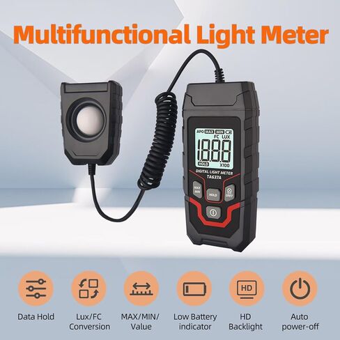 Digital Illuminance Light Meter, 0-200,000 Range Lux Meter, Ambient Temperature Measurer, 120°Angle, Intensity Brightness Measurement Tool for Indoor Outdoor Grow Plants in Kuwait