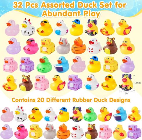 32 Pcs Rubber Ducks, Random Assortment Ducks Bulk for Jeeps Ducking, 2" Mini Rubber Duckies for Baby Toddler Bath Toys, Kids Pool Toys Birthday Gifts Party Favors in Kuwait