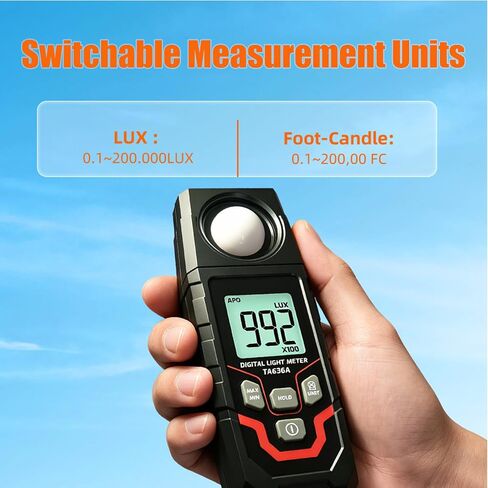 Digital Illuminance Light Meter, 0-200,000 Range Lux Meter, Ambient Temperature Measurer, 120°Angle, Intensity Brightness Measurement Tool for Indoor Outdoor Grow Plants in Kuwait