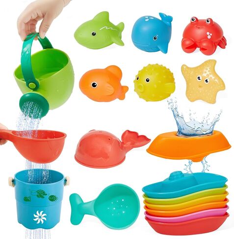 Baby Bath Toys for Kids Ages 1-3, 16PCS | Easy Clean Mold Free Bath Toys Toddlers 2-4 | Bathtub Pool Water Table Toys for Babies & Toddlers | Bath Boats Spoons Bucket Watering Can Tub Toy for Toddlers in Kuwait
