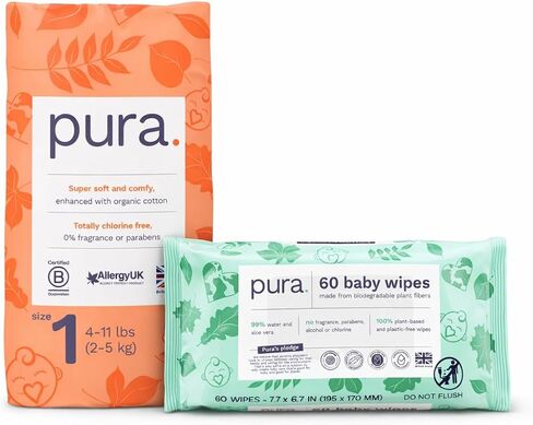 Pura Try Me Newborn Baby Bundle || Size 1 Diapers Trial Pack (3 Diapers, 4–11 lbs) + Sensitive Skin Baby Wipes (60 Wipes) Hypoallergenic & Fragrance Free in Kuwait