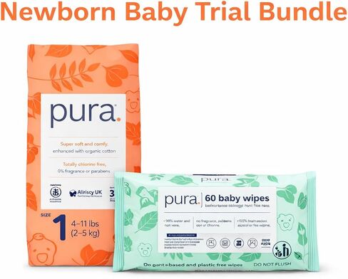 Pura Try Me Newborn Baby Bundle || Size 1 Diapers Trial Pack (3 Diapers, 4–11 lbs) + Sensitive Skin Baby Wipes (60 Wipes) Hypoallergenic & Fragrance Free in Kuwait