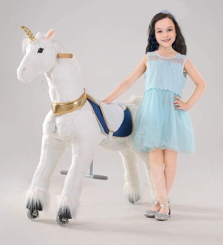 Ufree Horse Best Birthday Gift for Girls.Action Unicorn Toy, Rocking Horse with Wheels Giddy up Ride on for Kids Aged 3 to 6 Years Old, Amazing Birthday Surprise,Unicorn with Golden Horn in Kuwait