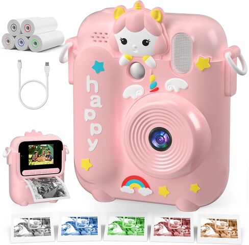Instant Print Camera for Kids, 1080P Kids Digital Camera Prints in 5 Colors | Christmas Birthday Gifts for Girls Boys Age 3-12, 2.4" Selfie Camera Toys with Silicone Cover & Print Paper- Pink in Kuwait