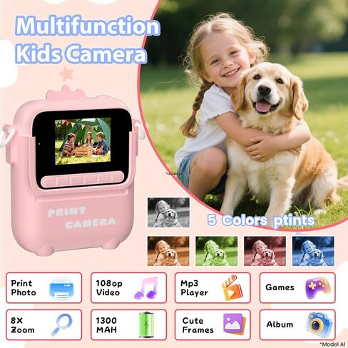 Instant Print Camera for Kids, 1080P Kids Digital Camera Prints in 5 Colors | Christmas Birthday Gifts for Girls Boys Age 3-12, 2.4" Selfie Camera Toys with Silicone Cover & Print Paper- Pink in Saudi Arabia