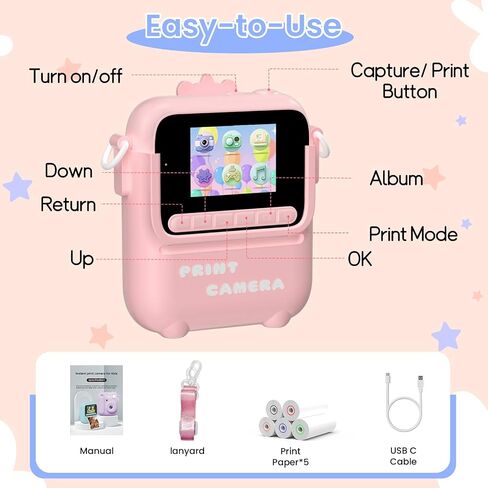 Instant Print Camera for Kids, 1080P Kids Digital Camera Prints in 5 Colors | Christmas Birthday Gifts for Girls Boys Age 3-12, 2.4" Selfie Camera Toys with Silicone Cover & Print Paper- Pink in Saudi Arabia