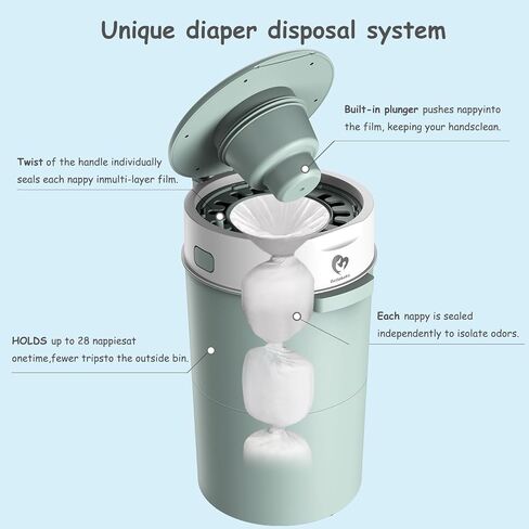 Bellababy Diaper Pail, Upgrade Baby Diaper Bin with Double Odor Locking, Includes 4 Refills (270 inches/pcs), Compact Design for Nursery, Green in Kuwait