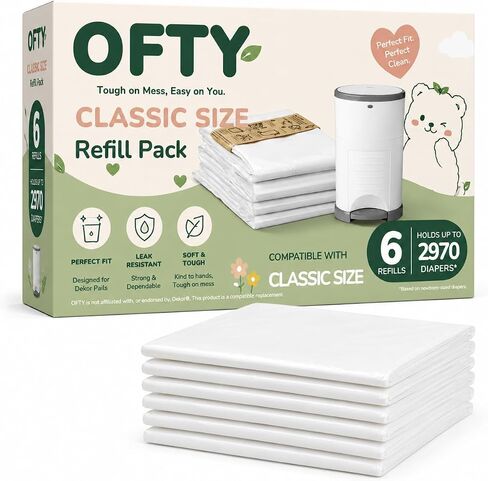 OFTY Diaper Pail Refills Compatible with Dekor Classic, 6 Pack Baby Powder Scent Continuous Disposal Bags, 32.8 ft Rolls, Holds Up to 2,970 Newborn Diapers in Kuwait
