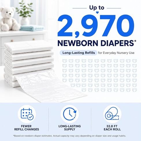 OFTY Diaper Pail Refills Compatible with Dekor Classic, 6 Pack Baby Powder Scent Continuous Disposal Bags, 32.8 ft Rolls, Holds Up to 2,970 Newborn Diapers in Kuwait