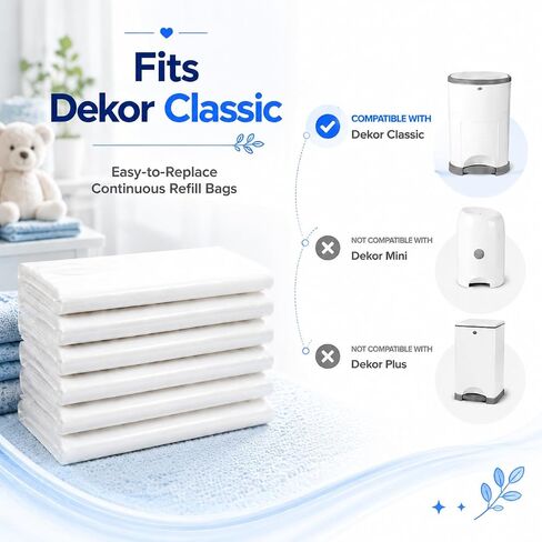 OFTY Diaper Pail Refills Compatible with Dekor Classic, 6 Pack Baby Powder Scent Continuous Disposal Bags, 32.8 ft Rolls, Holds Up to 2,970 Newborn Diapers in Kuwait