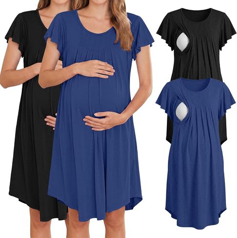 Cutecrop 2 Pack Nursing Gown Labor and Delivery Hospital Gown Maternity Breastfeeding Nightgown Short Sleeve Pregnant Dress in Kuwait