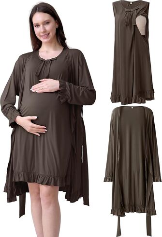 Ruffle Maternity Nursing Gown & Robe Set for Hospital Loungewear | 2-Piece Sleeveless Nursing Nightgown & Robe for Labor & Delivery, Breastfeeding & First Baby Photos in Kuwait
